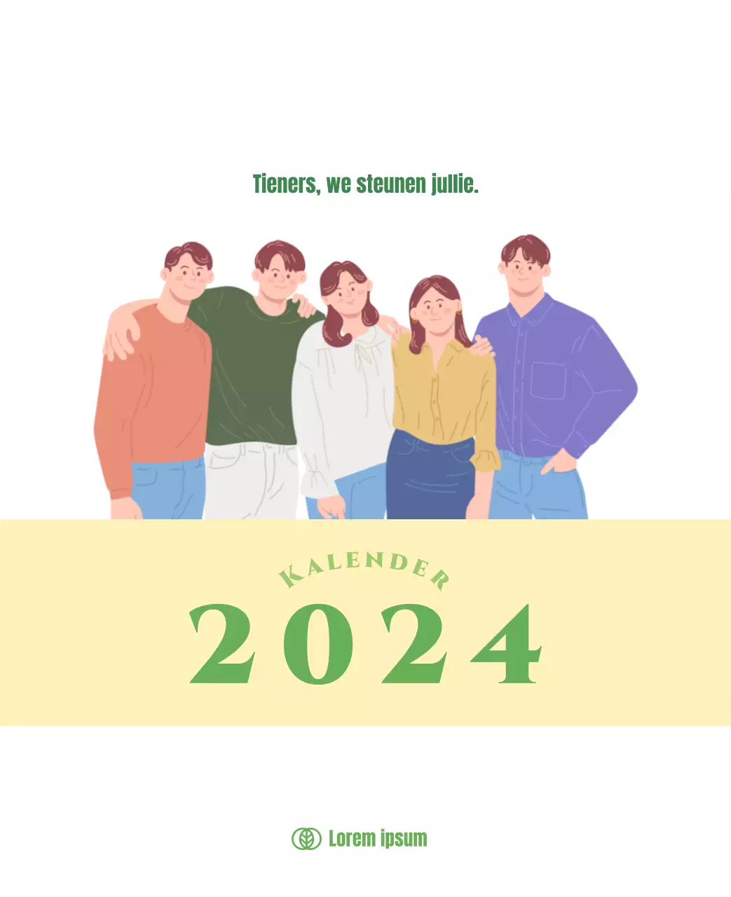 Kalender met jeugdillustraties op een gele en groene achtergrond