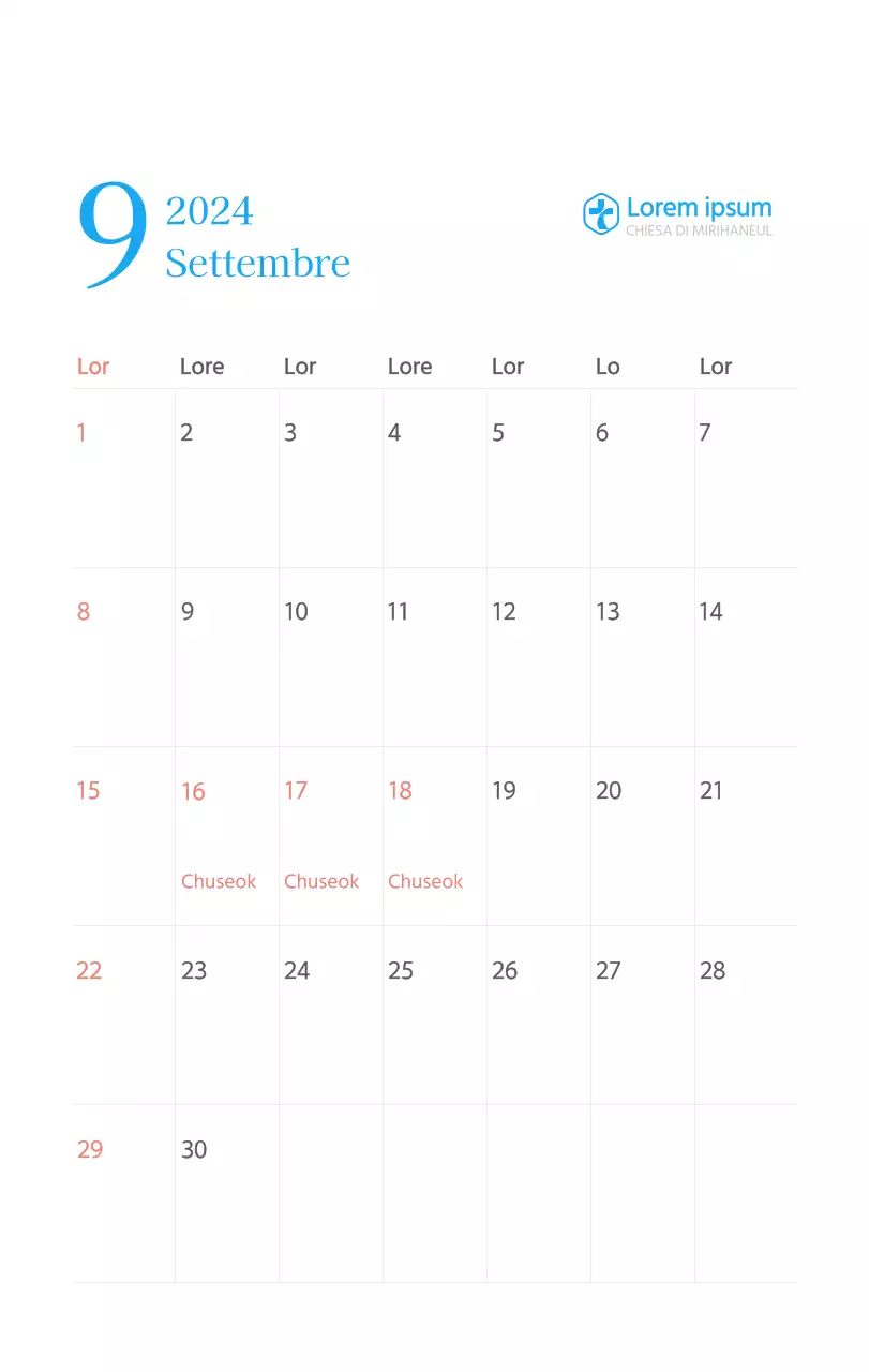 Calendario ecclesiastico blu di concezione moderna