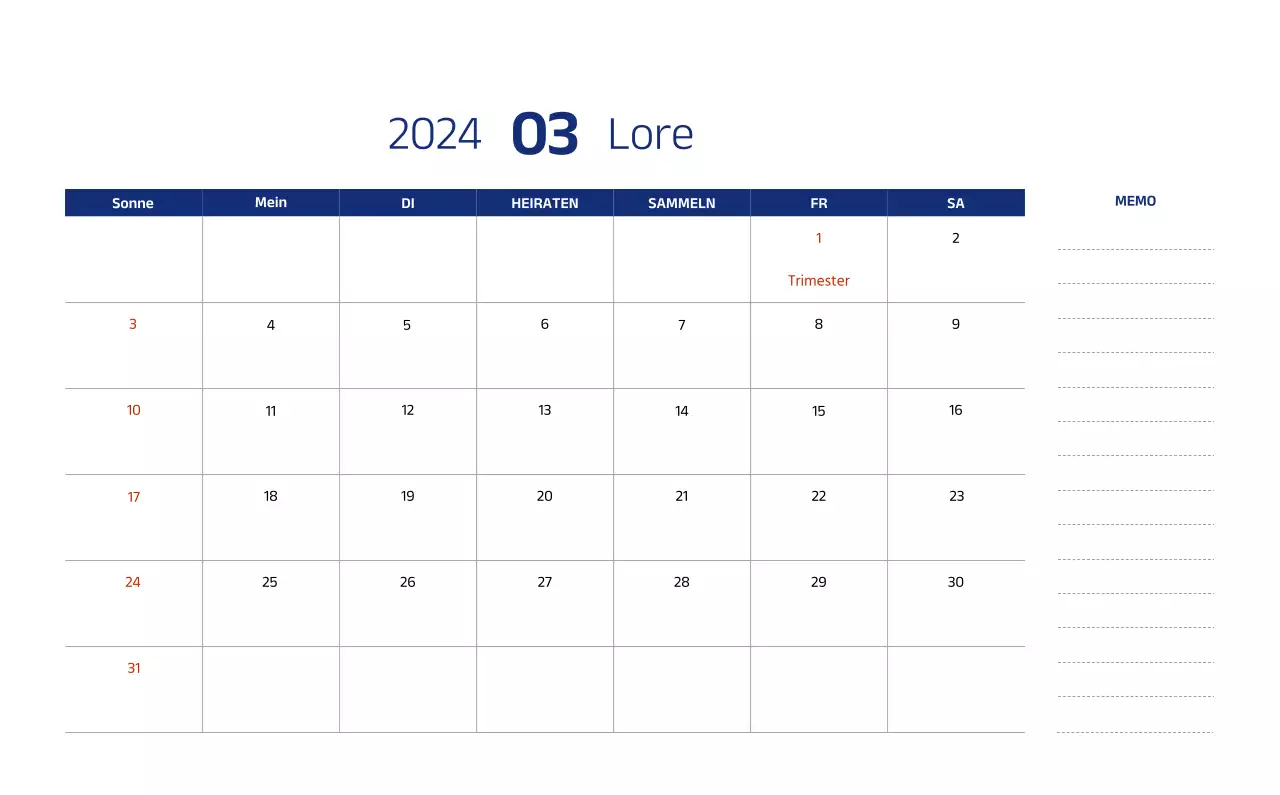 Einfacher Kalender mit klaren Illustrationen in Blau