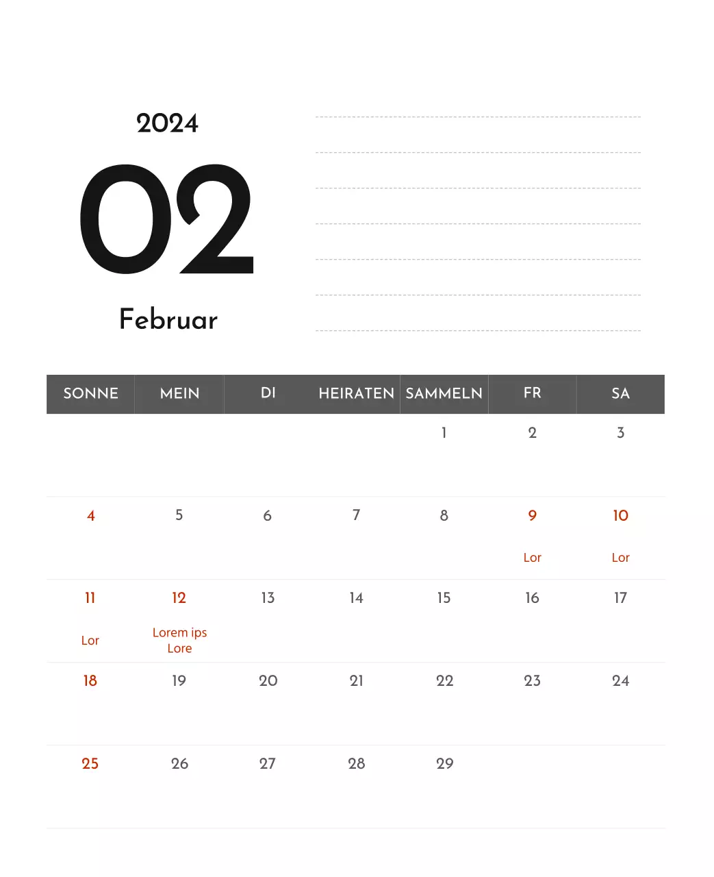 Ein einfacher Unternehmenskalender in Grau