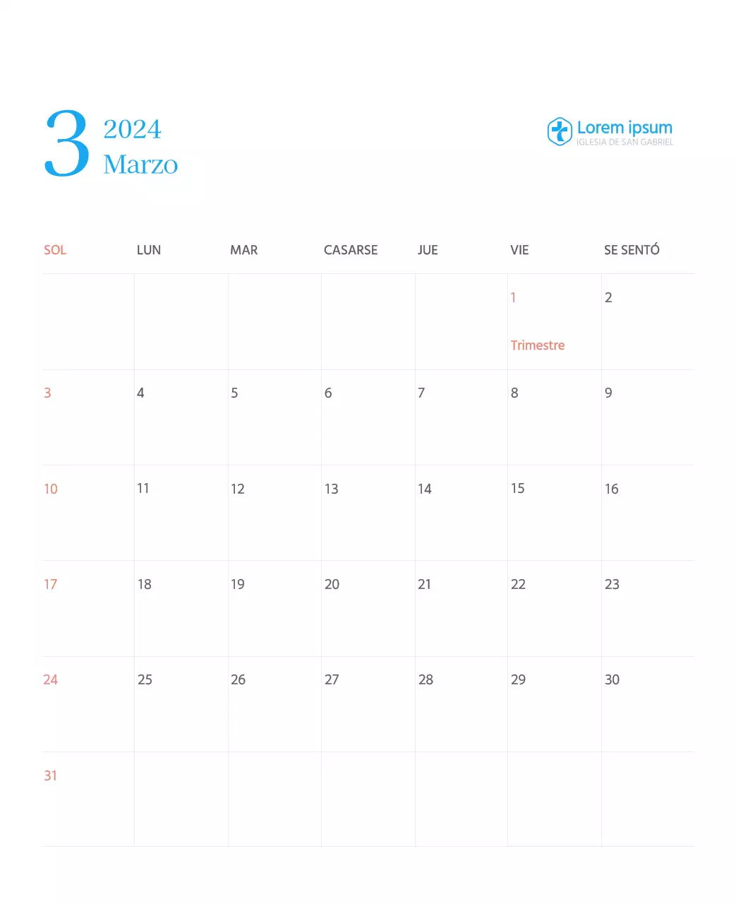 Calendario eclesiástico azul de concepto moderno