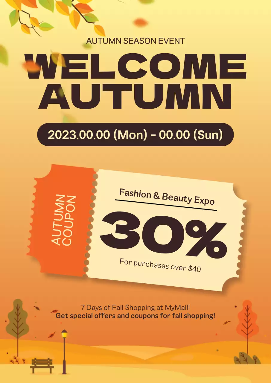 A special fall shopping sale featuring emotional illustrations of sunset autumn scenes and coupon icons.