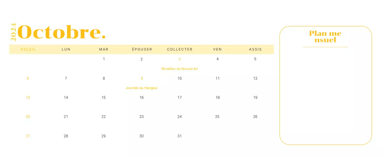 Calendrier avec illustrations de jeunes sur fond jaune et vert