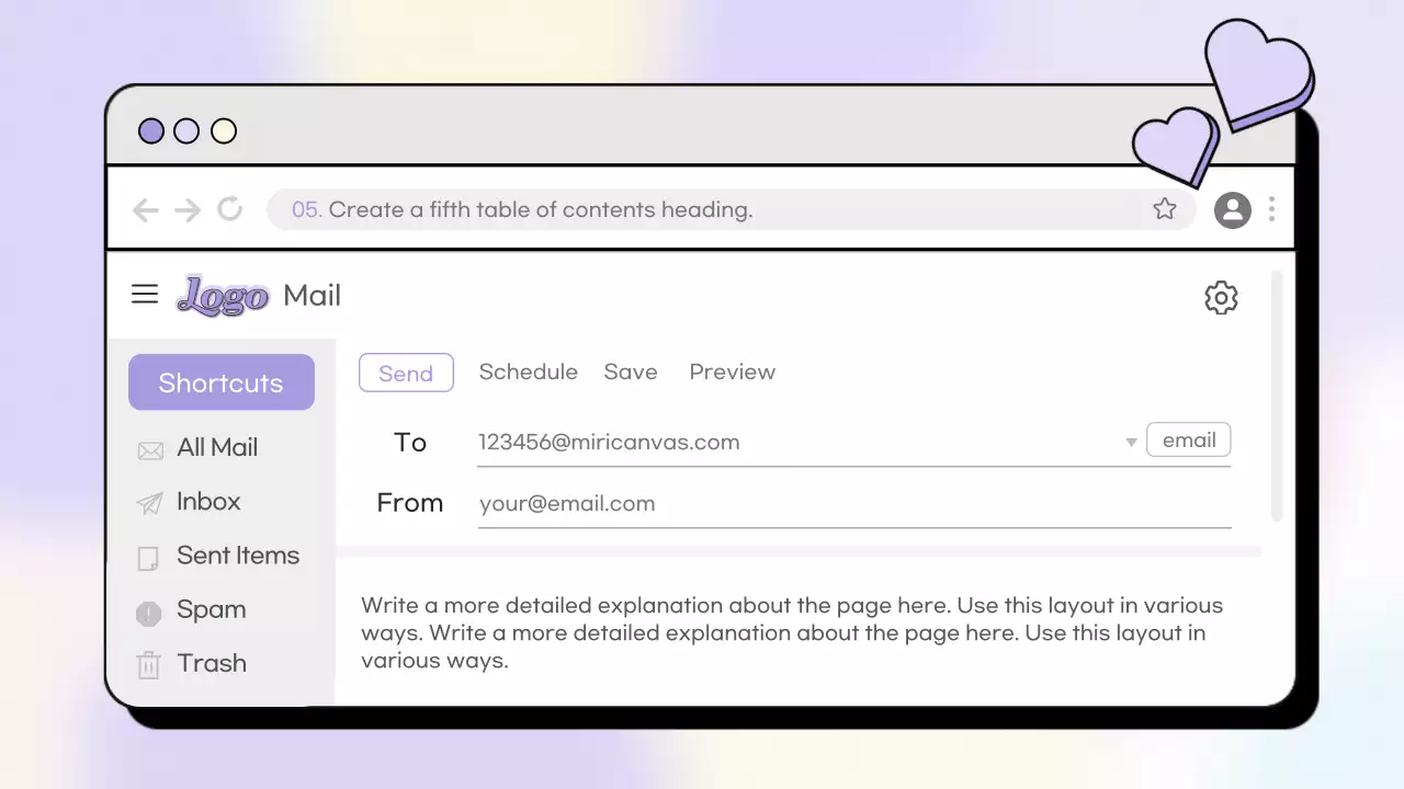 라벤더의 귀여운 하트배경이 있는 사이트 홍보
