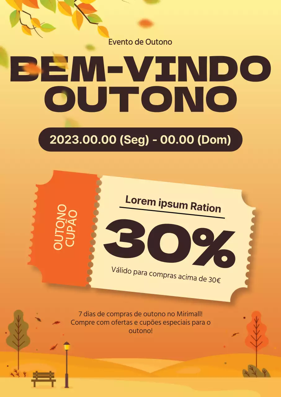Descontos em compras de outono com ilustrações emocionais de paisagens de outono ao pôr do sol e ícones de cupões.