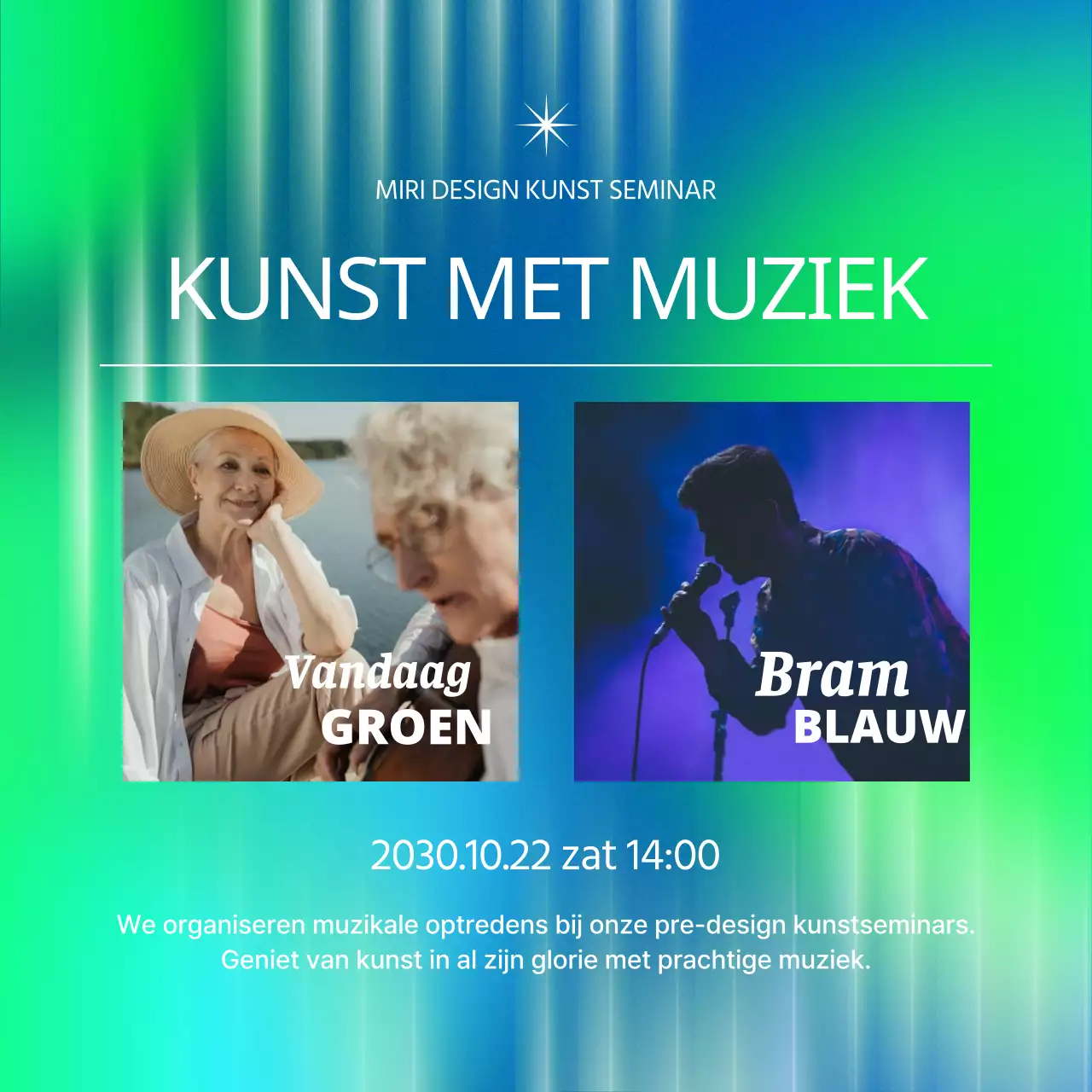 Kunstseminars in blauw en chartreuse cybernetisch promoten