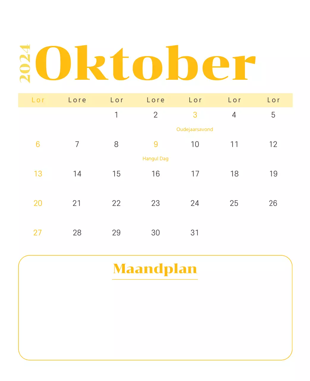 Kalender met jeugdillustraties op een gele en groene achtergrond