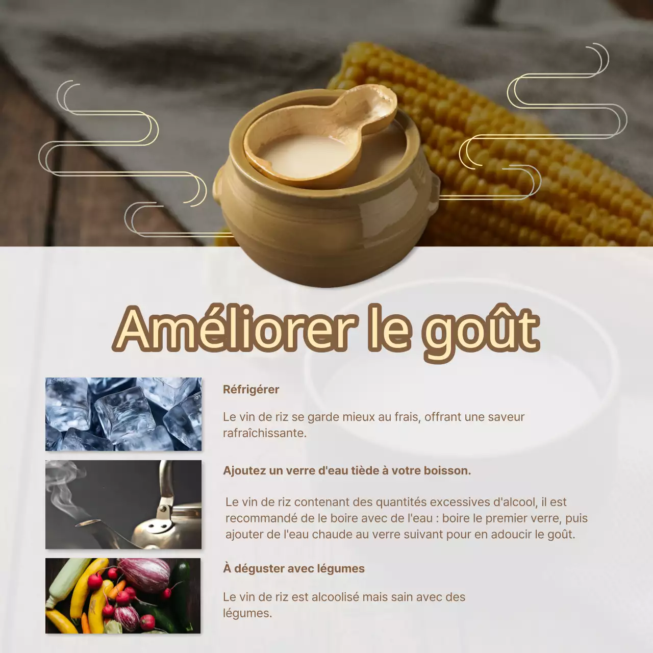 Promouvoir l'association de mets orientaux bleu marine et jaune avec du vin de riz