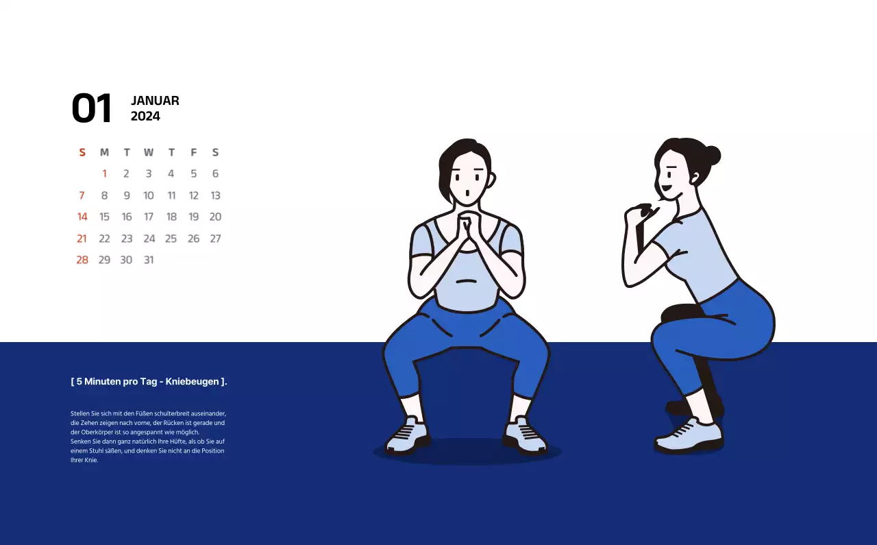 Einfacher Kalender mit klaren Illustrationen in Blau