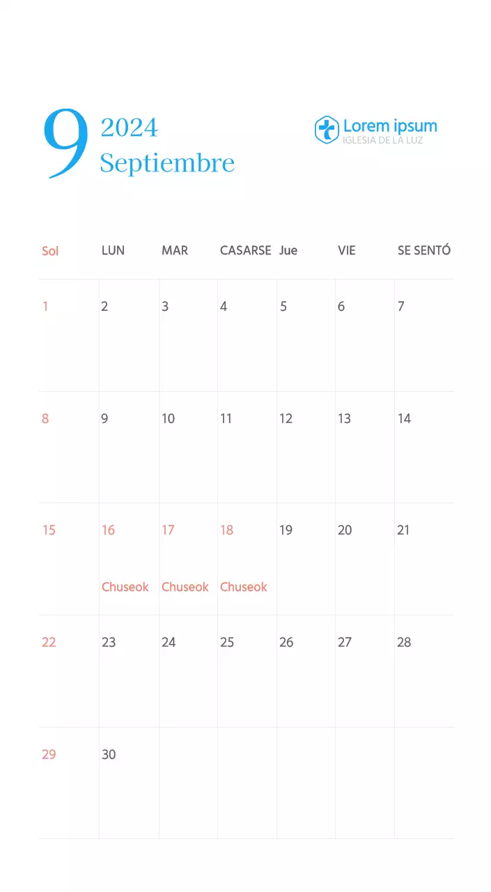 Calendario eclesiástico azul de concepto moderno