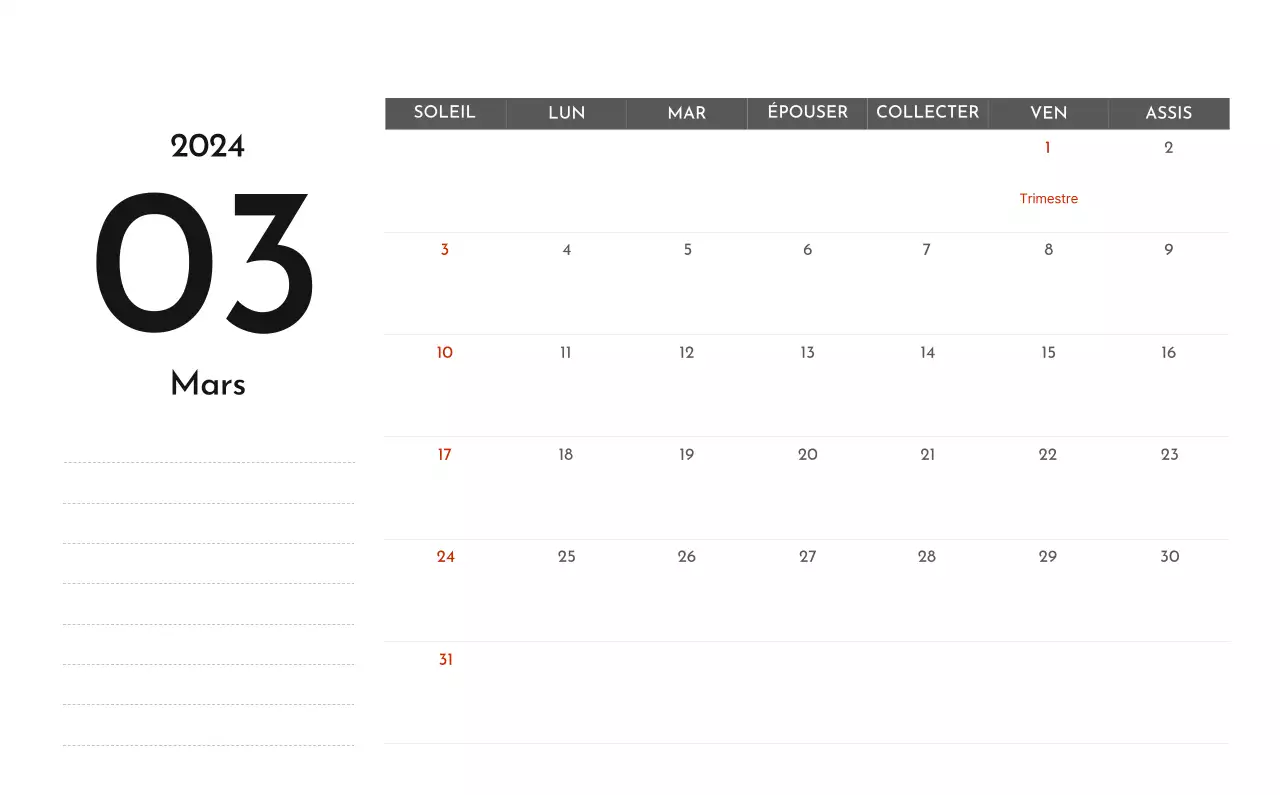 Un calendrier d'entreprise simple en gris