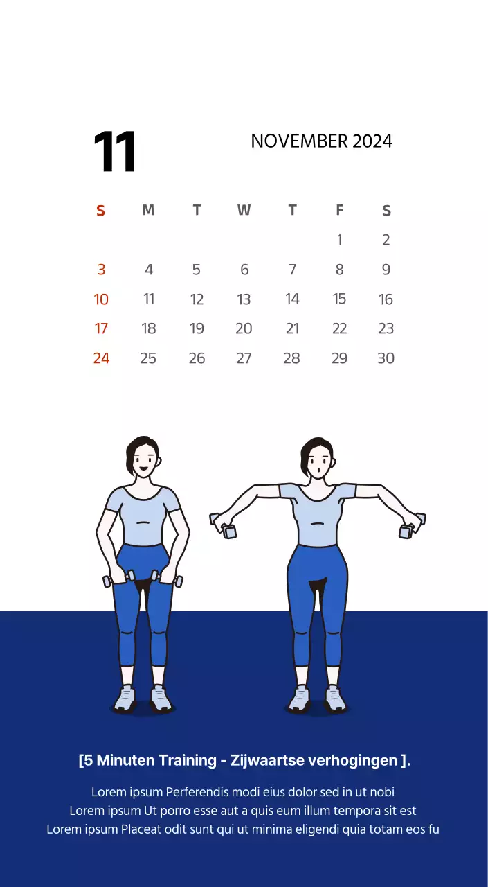 Eenvoudige kalender met strakke illustraties in blauw