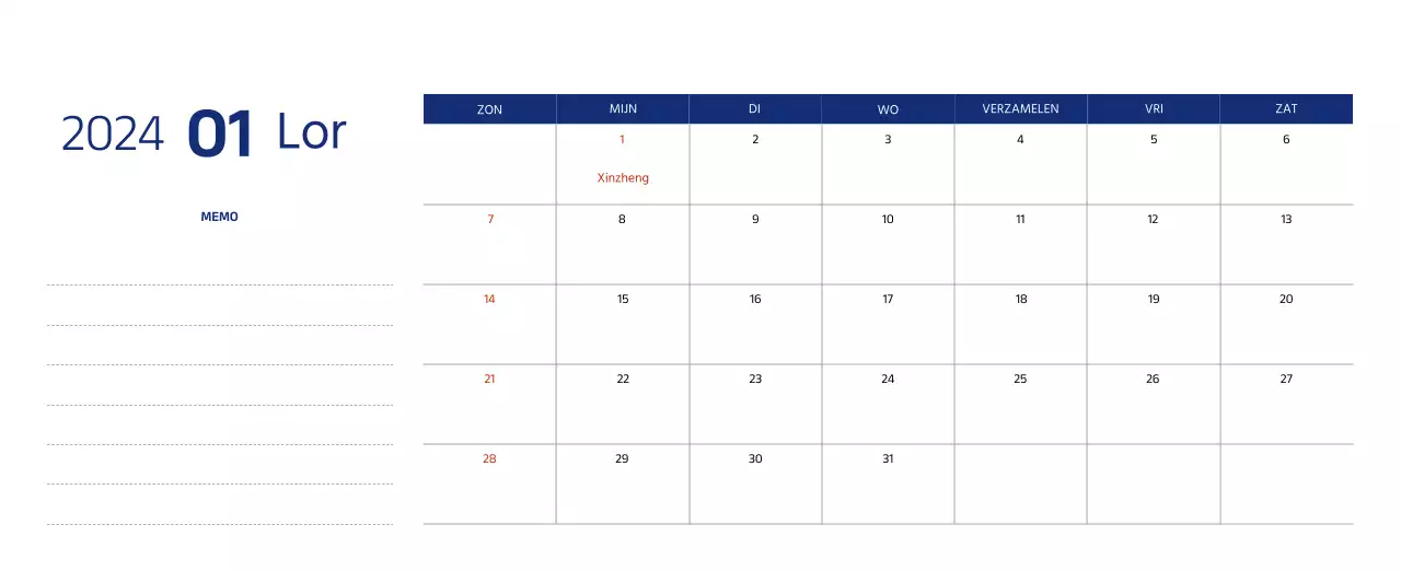 Eenvoudige kalender met strakke illustraties in blauw