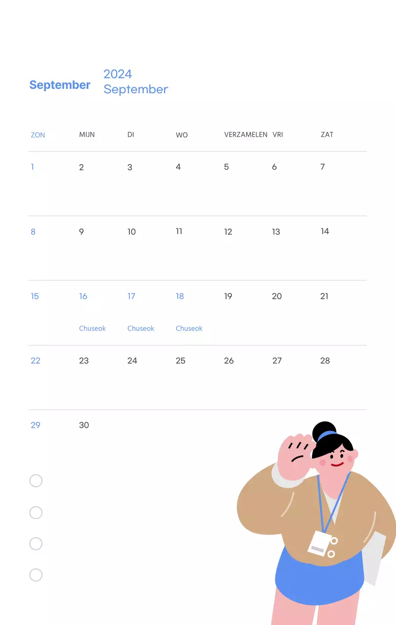 Motiverende kalender met energieke illustraties en positieve citaten op een lichtblauwe achtergrond