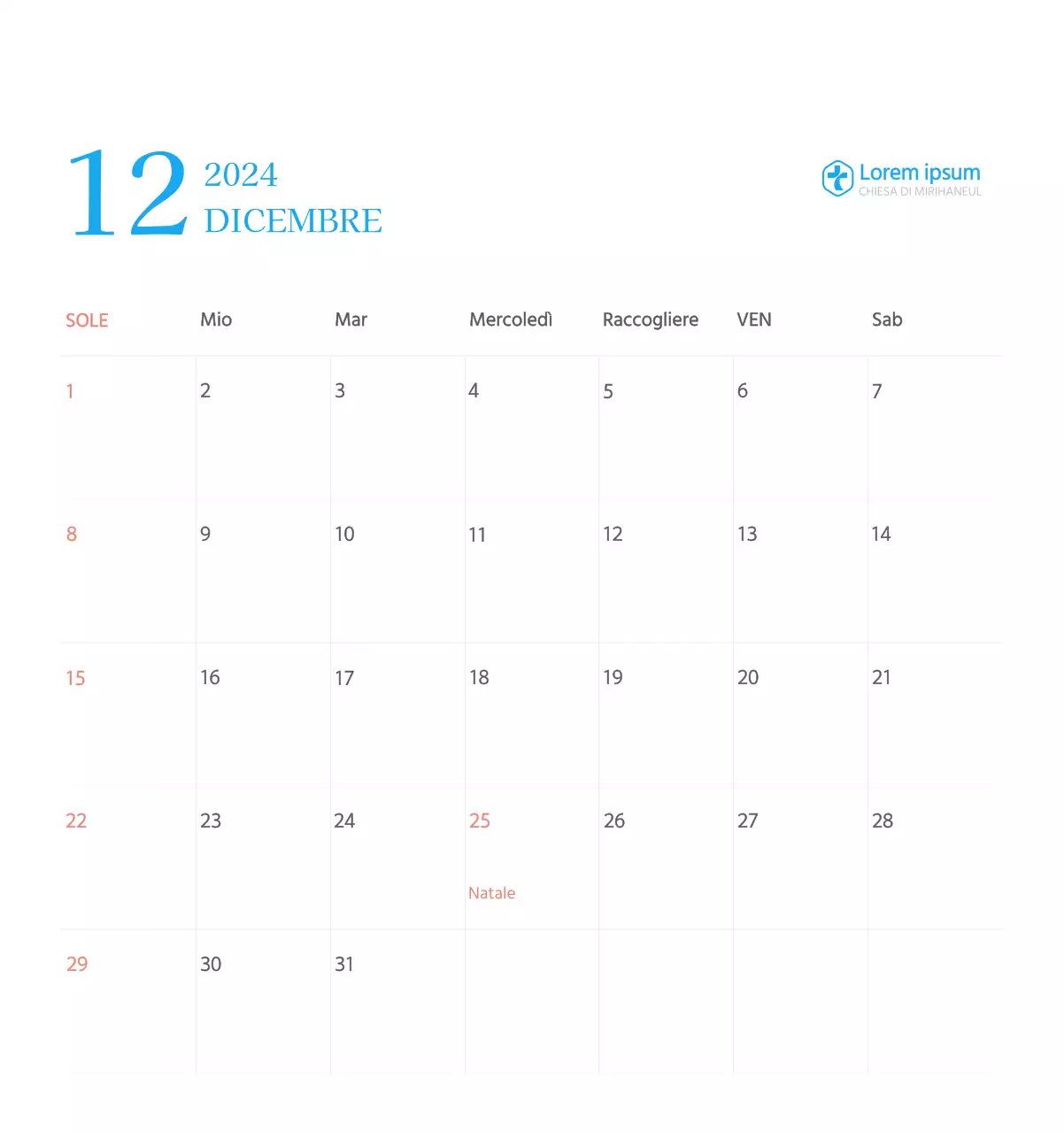 Calendario ecclesiastico blu di concezione moderna