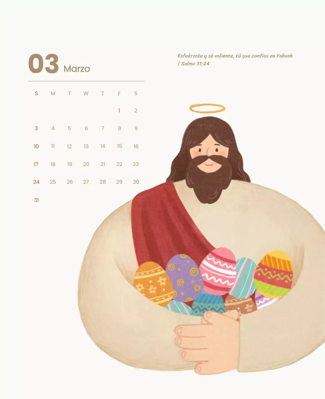 Un calendario devocional con acogedoras ilustraciones y versículos bíblicos sobre fondo azul claro