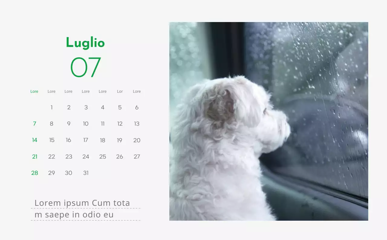 Un calendario con l'immagine di un cucciolo e un simpatico messaggio in verde.
