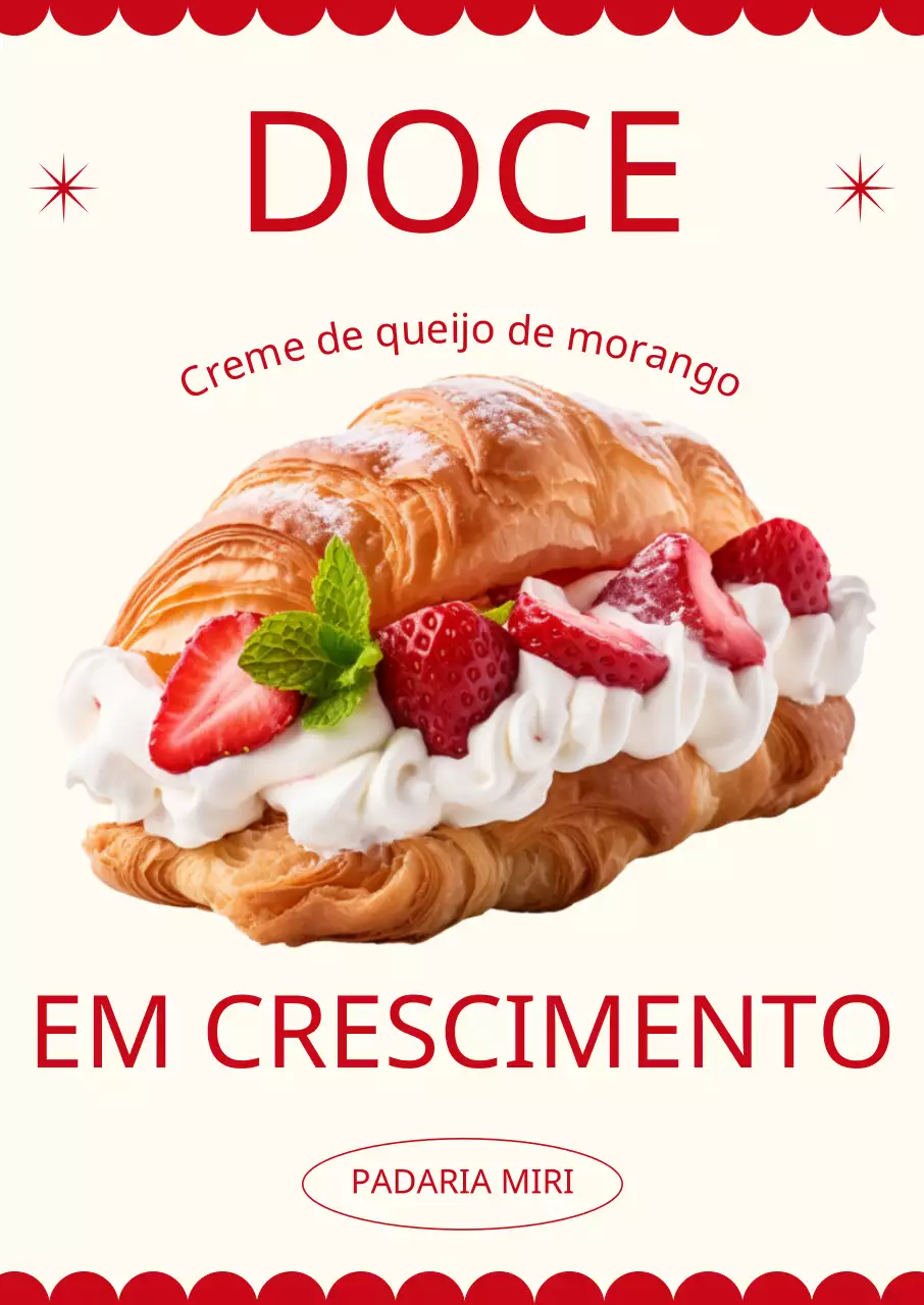Menu de padaria de café com imagens fotorrealistas de pãezinhos de croissant e texto em inglês arrojado e gráficos geométricos
