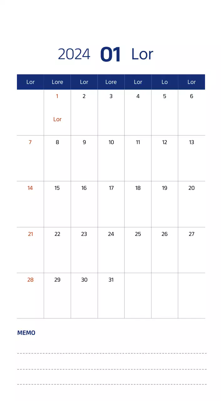 Eenvoudige kalender met strakke illustraties in blauw