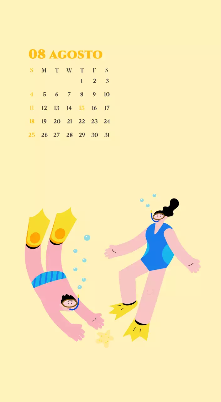 Calendario con ilustraciones juveniles sobre fondo amarillo y verde