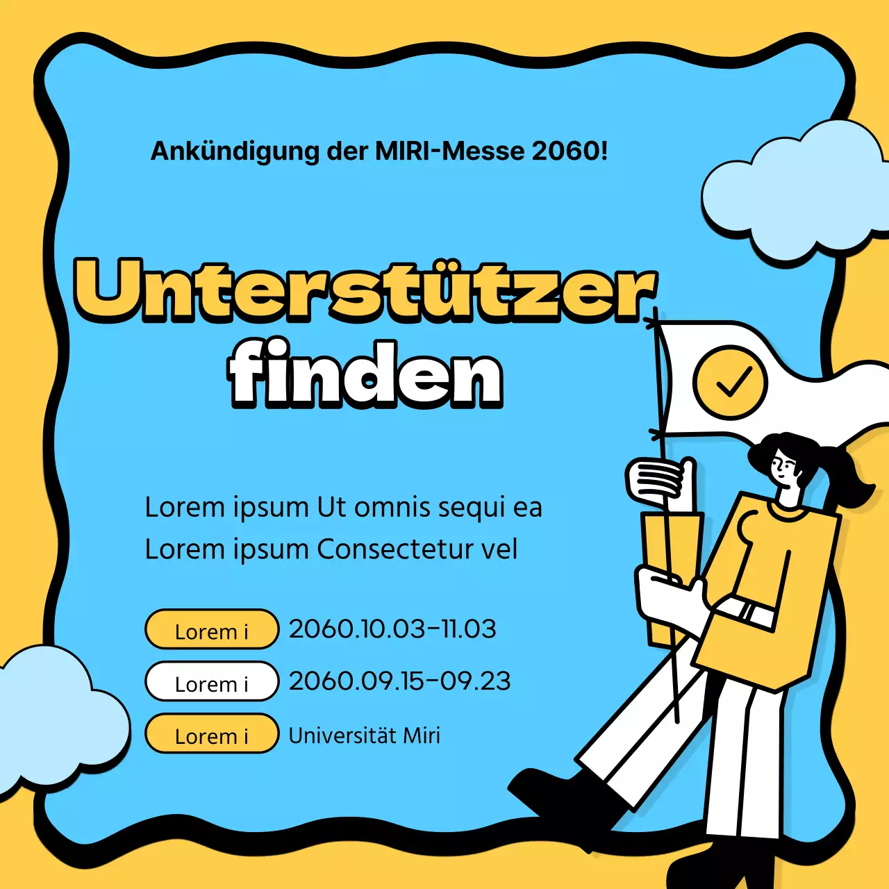 Ein einfacher gelber und hellblauer Aufruf an die Unterstützer
