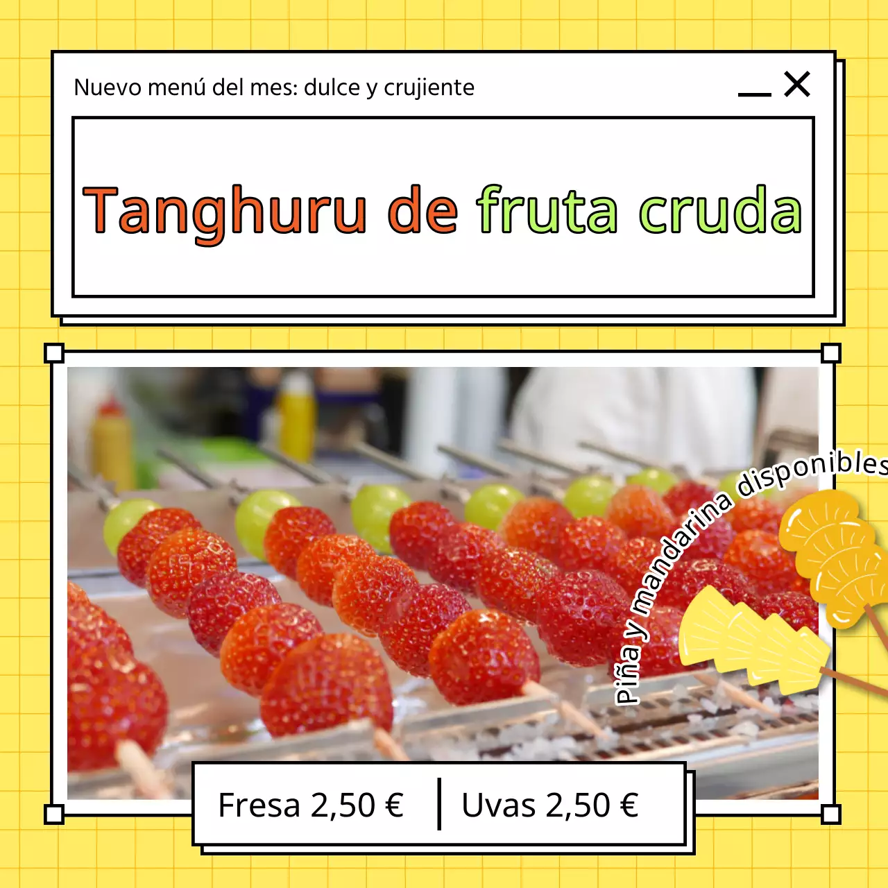 Sencillo anuncio de tanghuru de fruta fresca en amarillo y rojo