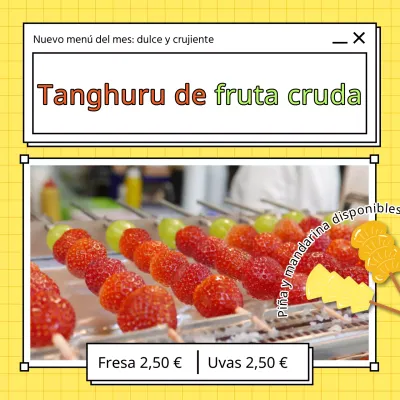 Sencillo anuncio de tanghuru de fruta fresca en amarillo y rojo