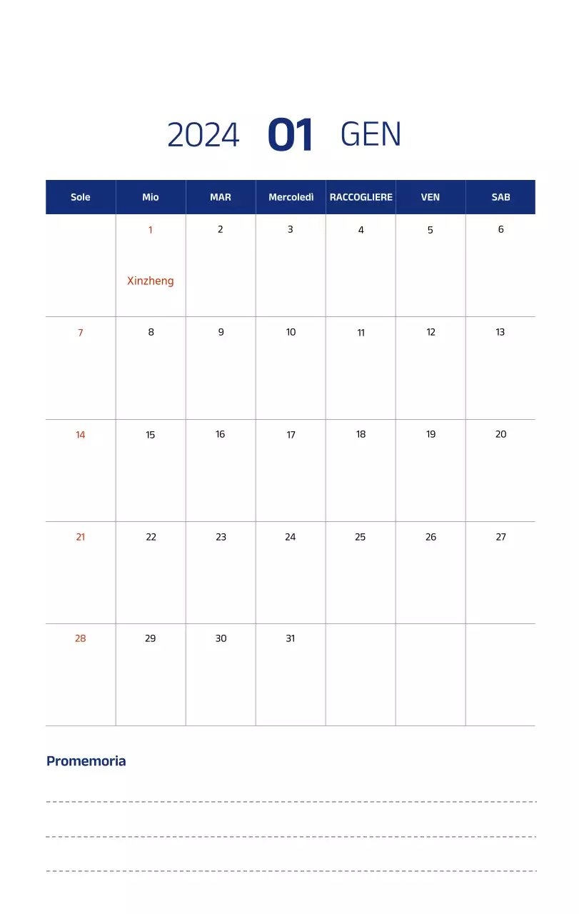 Calendario semplice con illustrazioni pulite in blu