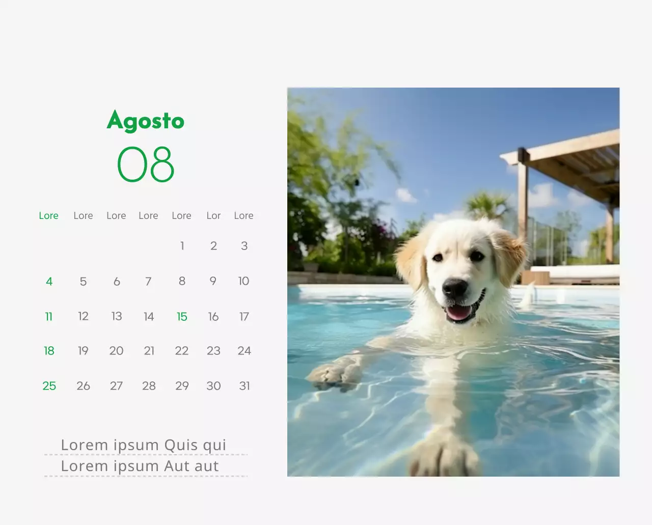 Un calendario con la imagen de un cachorro y un bonito mensaje en tonos verdes.