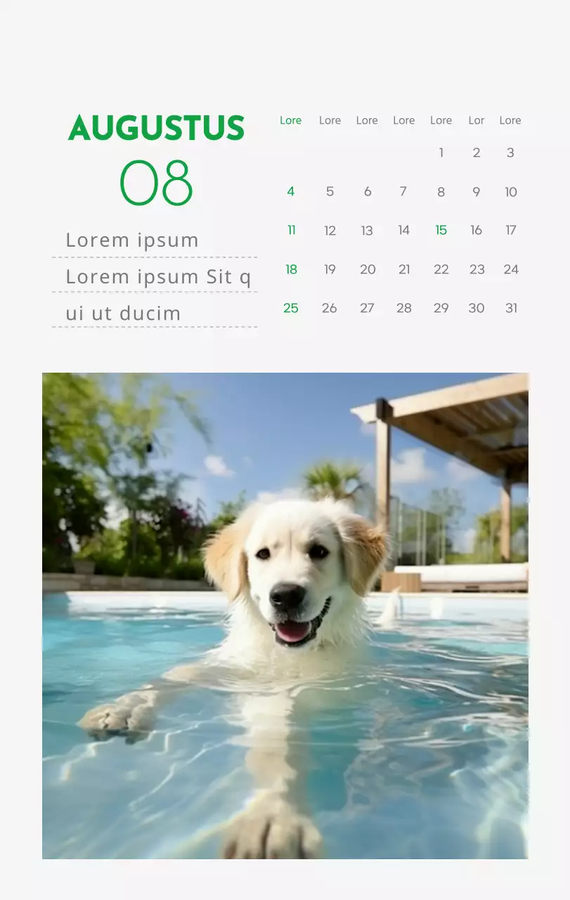 Een kalender met een afbeelding van een puppy en een schattige boodschap in groene accenten