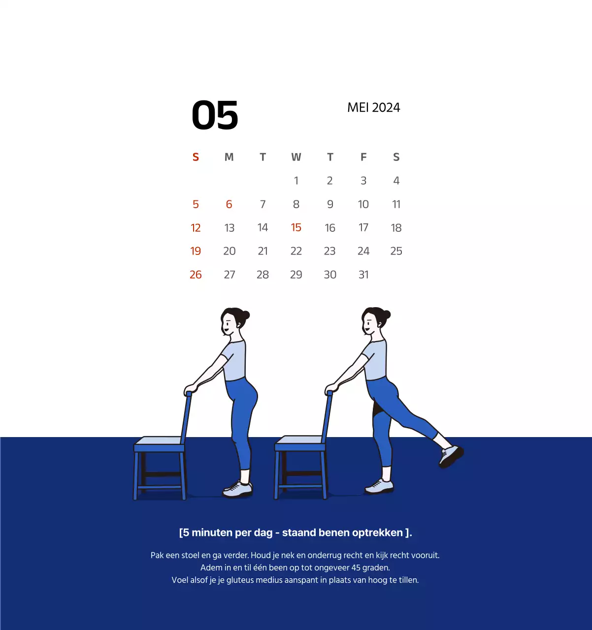 Eenvoudige kalender met strakke illustraties in blauw