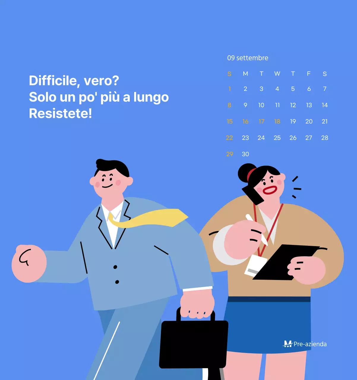 Calendario motivazionale con illustrazioni energetiche e citazioni positive su sfondo azzurro