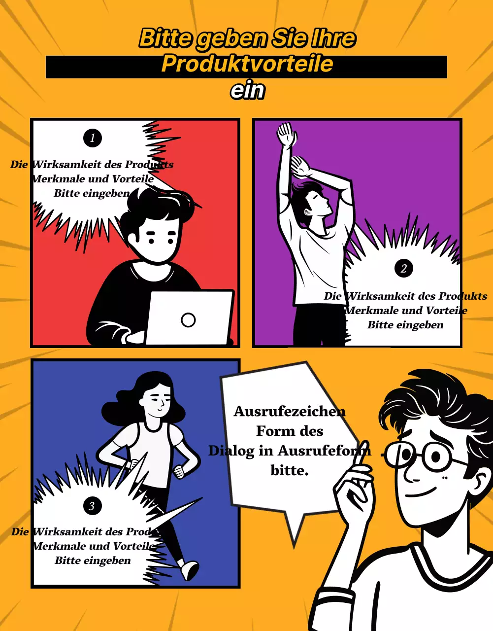 Eine Produktwerbung im Retro-Cartoon-Stil in Rot und Regenbogenfarben