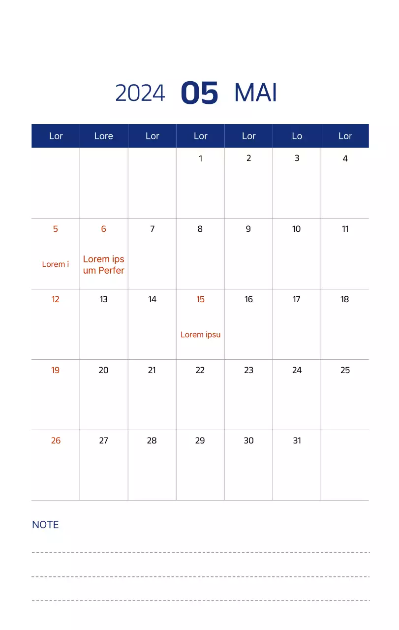 Calendrier simple avec des illustrations épurées en bleu