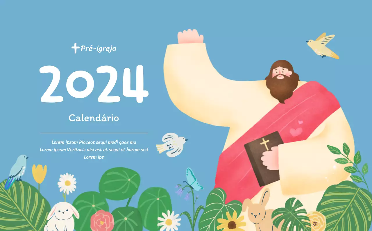 Um calendário devocional com ilustrações acolhedoras e versículos bíblicos sobre um fundo azul claro