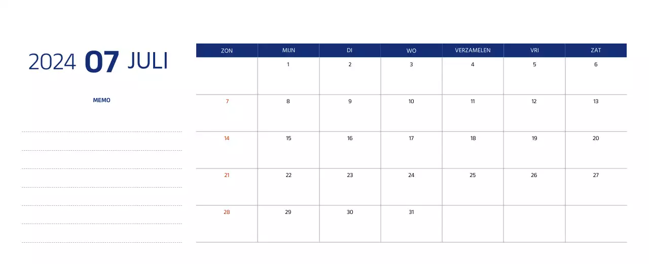 Eenvoudige kalender met strakke illustraties in blauw