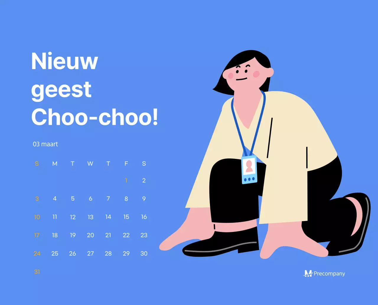 Motiverende kalender met energieke illustraties en positieve citaten op een lichtblauwe achtergrond
