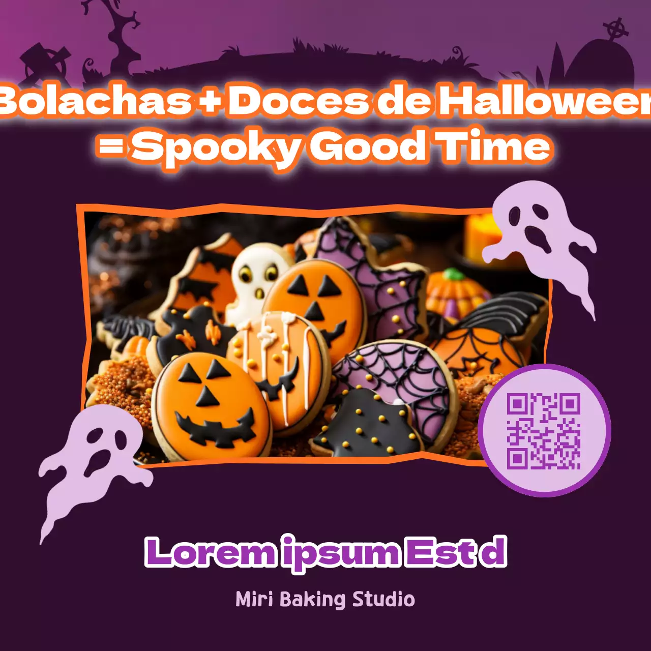 Promover bolachas de Halloween kitsch em roxo e preto