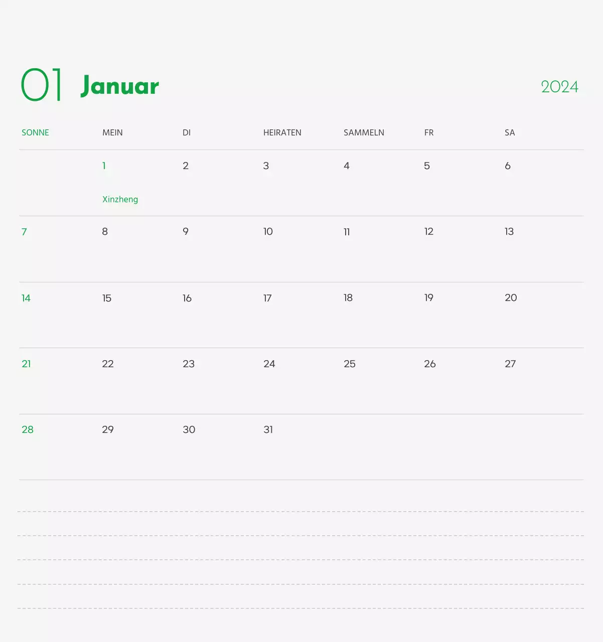 Ein Kalender mit dem Bild eines Welpen und einer niedlichen Botschaft in grünen Akzenten