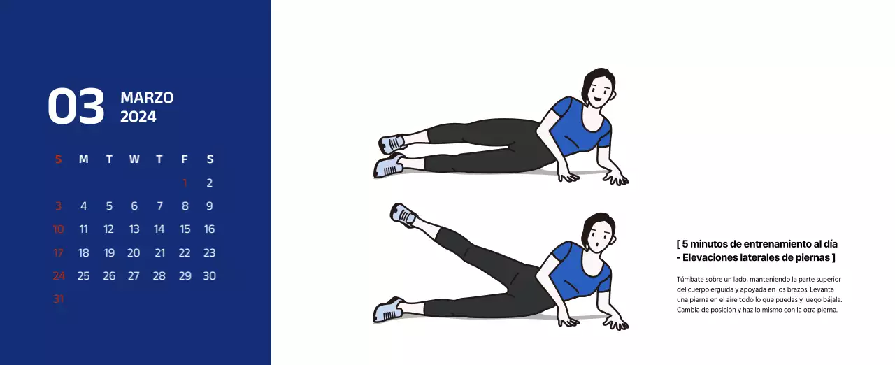 Calendario sencillo con ilustraciones limpias en azul