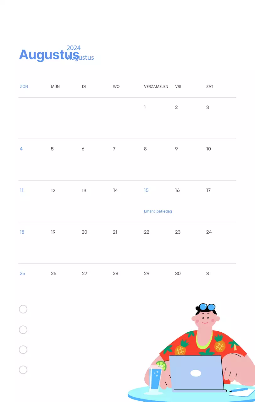 Motiverende kalender met energieke illustraties en positieve citaten op een lichtblauwe achtergrond