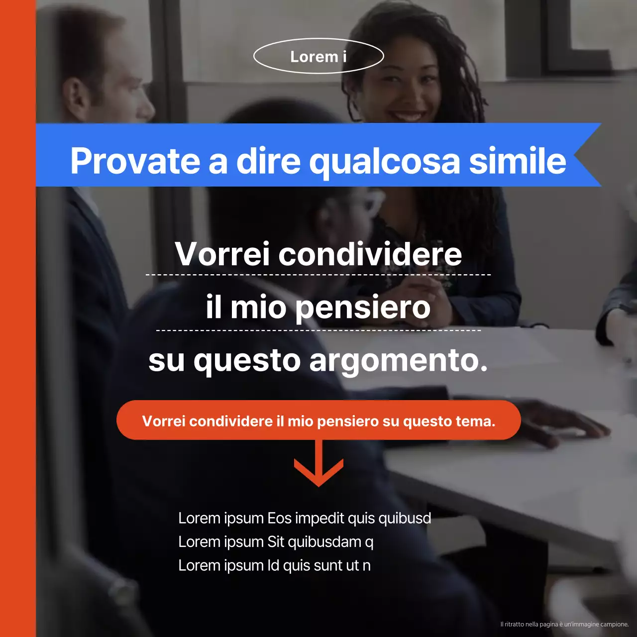 Una pubblicità arancione e blu per una scuola di conversazione rivolta a professionisti moderni.