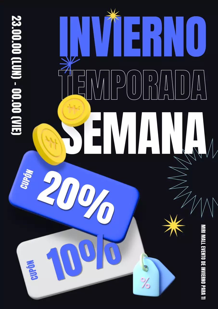 Diseño tipográfico moderno y elegante e iconos de cupones en 3D para las ofertas de la Semana Invernal.