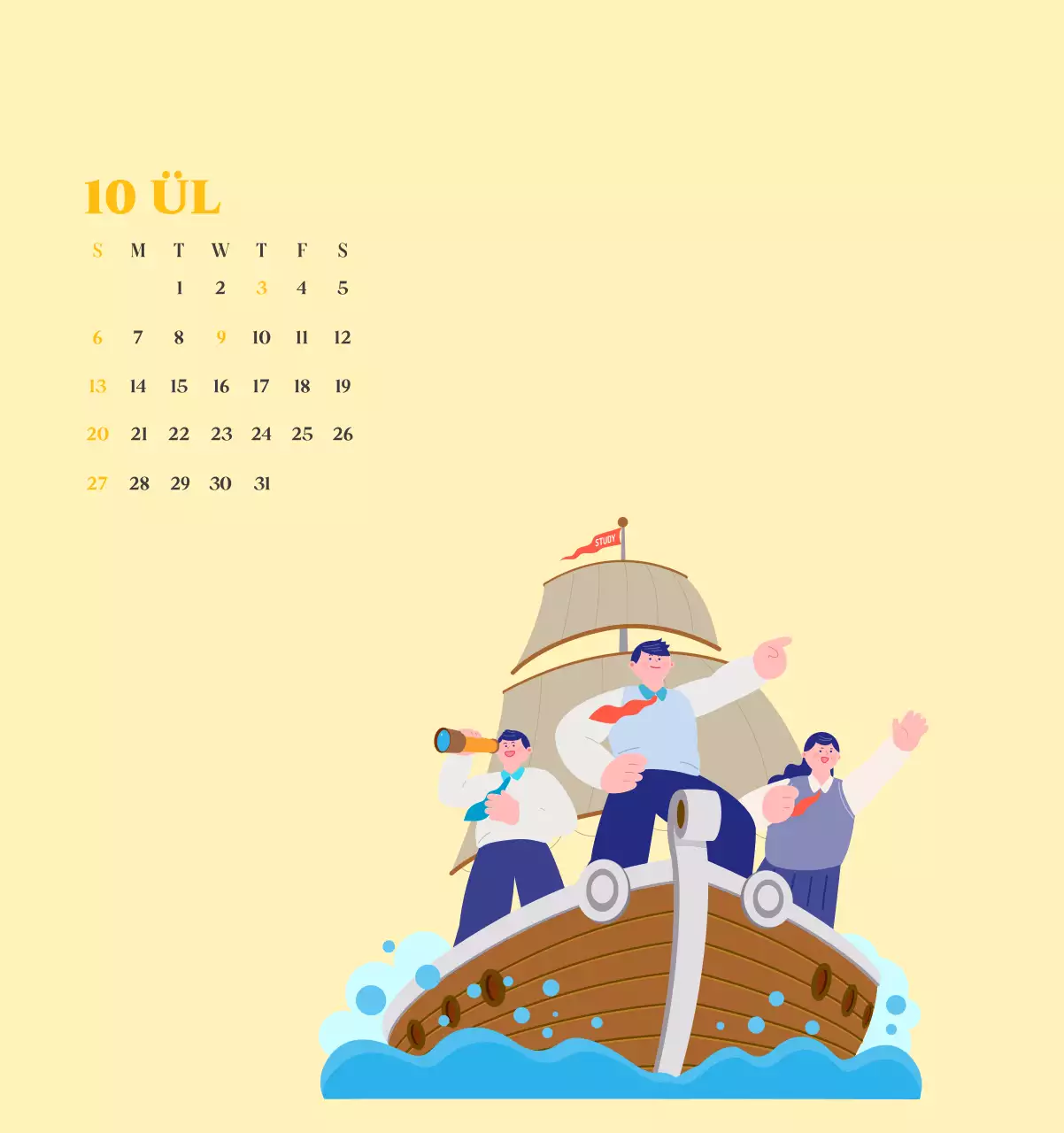 Kalender mit Jugendillustrationen auf gelbem und grünem Hintergrund