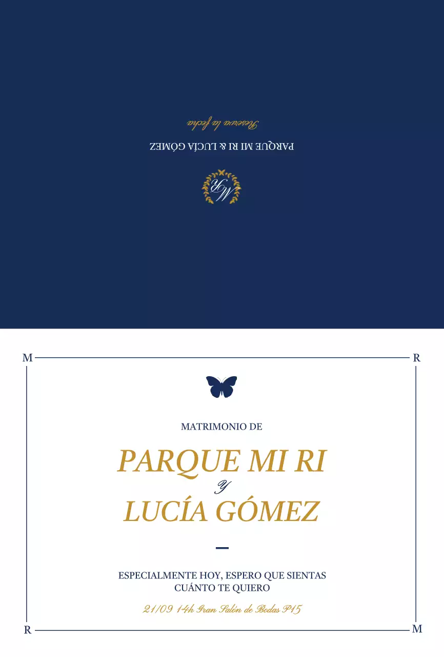 Invitación de boda de diseño elegante con ilustraciones de mariposas en blanco y azul marino
