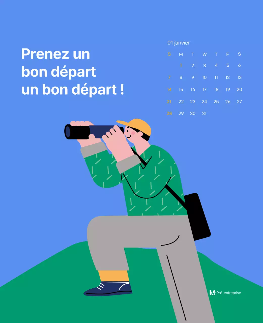 Calendrier de motivation avec des illustrations énergiques et des citations positives sur un fond bleu clair