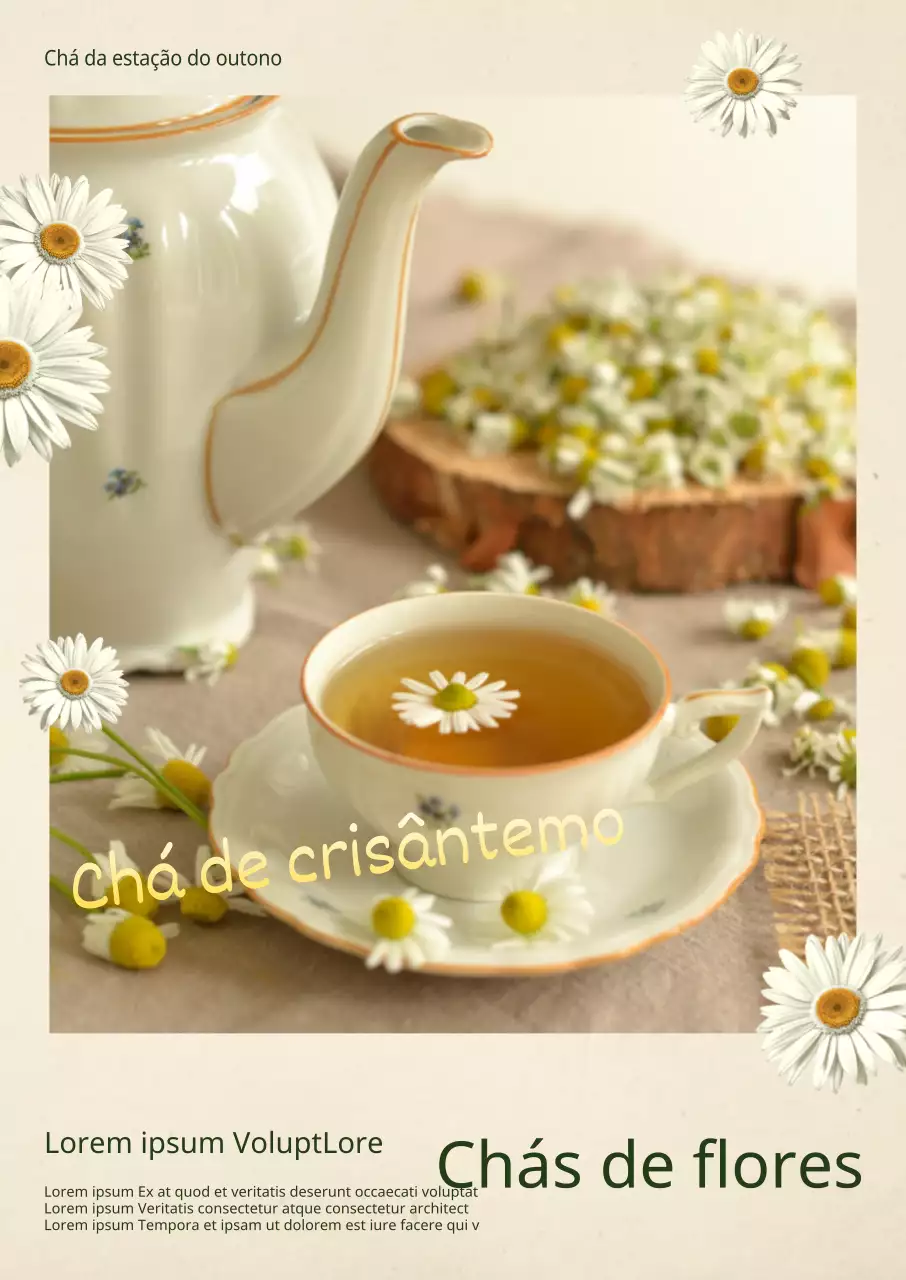 Um menu de chá de café com uma disposição simples e calma e um toque sentimental utilizando imagens realistas de chás em flor e crisântemos de margarida.