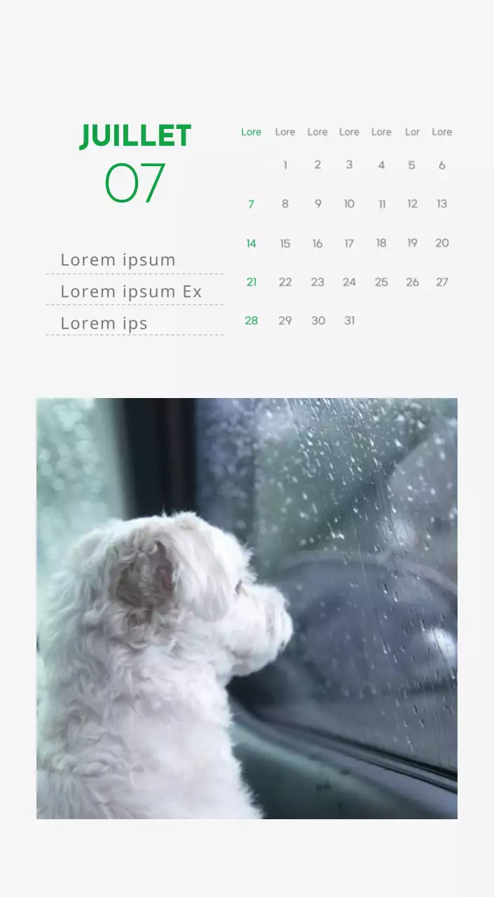 Un calendrier avec la photo d'un chiot et un message mignon aux accents verts.