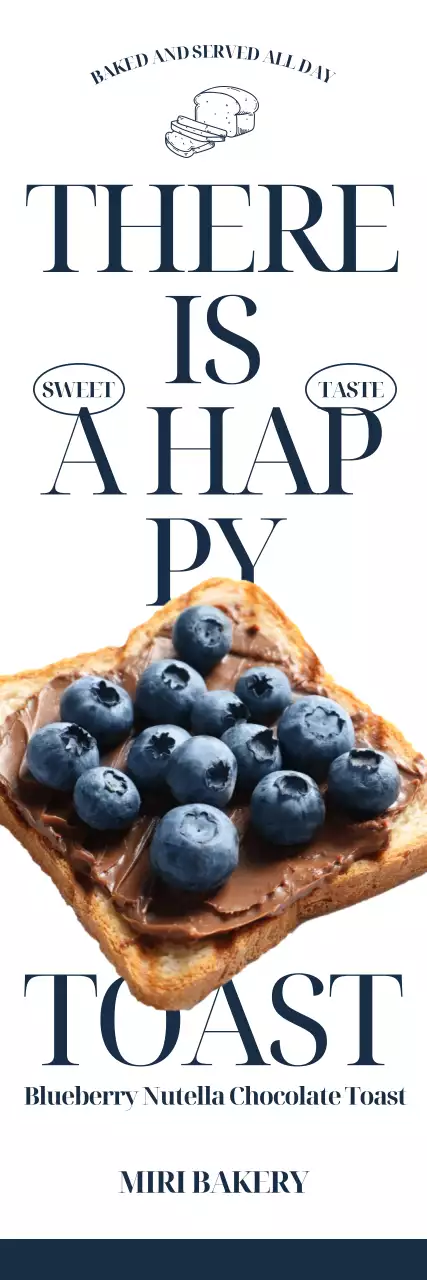 A cafe bakery menu with photorealistic images of blueberry toast bread and trendy, bold English text.