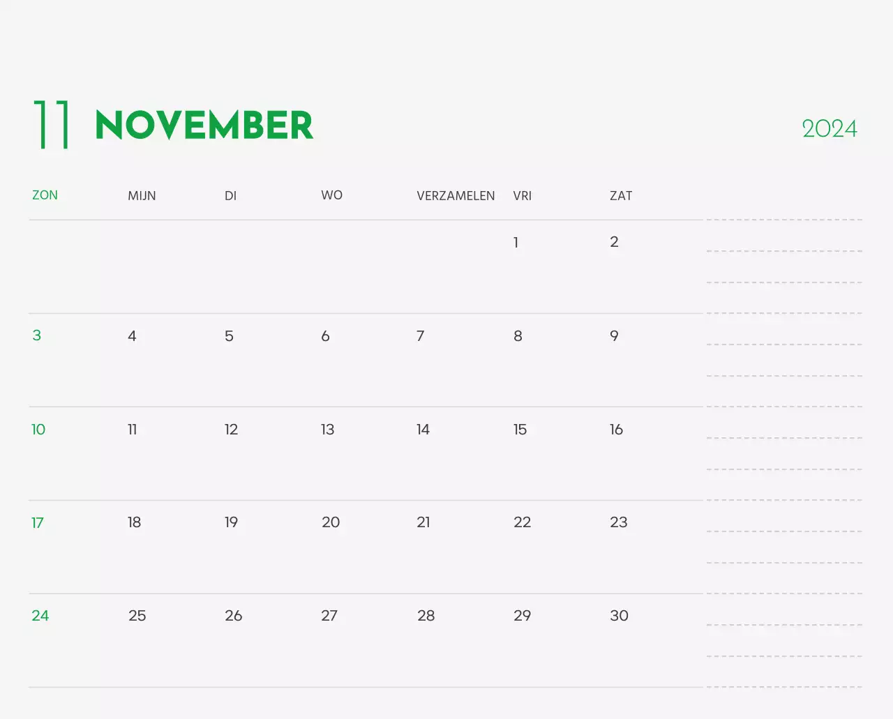 Een kalender met een afbeelding van een puppy en een schattige boodschap in groene accenten